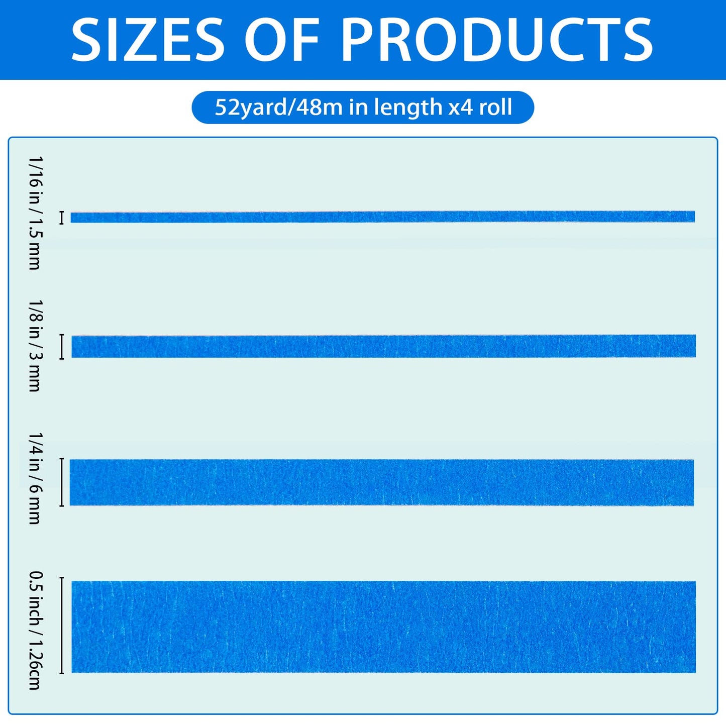 4 Rolls Fine Line Masking Tape, Blue, 1/16" to 1/2"